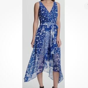 NWT DKNY blue floral chiffon faux wrap surplice asymmetric hem belted dress